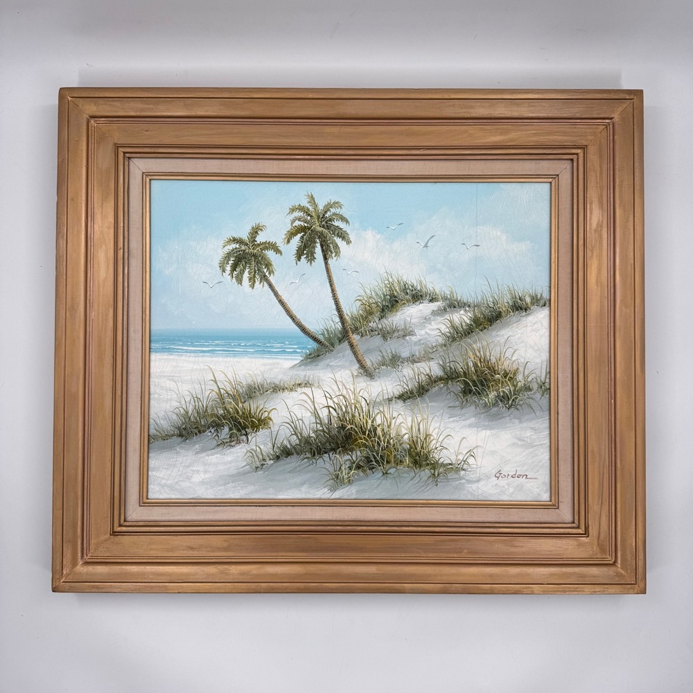 Original Vintage Oil Painting Coastal Dunes with Palm Trees Framed 23x28